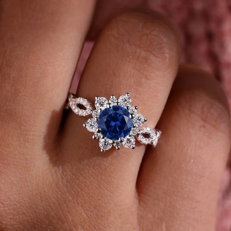Kristallen Saffieren Bloem Ring | Witgoud