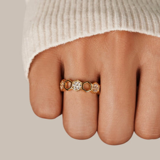 Gouden & Kristallen Honingraat Ring