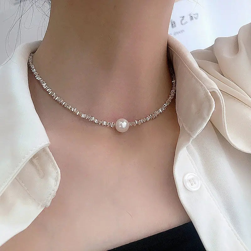 Zilveren Minimalistische Parel Choker Ketting