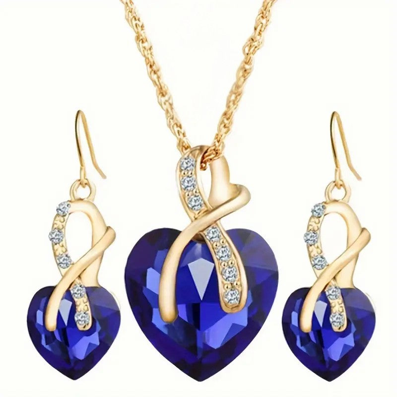 Gouden Saffieren Hart Ketting en Oorbellen Set