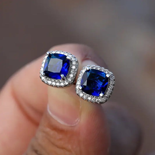 Zilveren Saffieren Halo Stud Oorbellen
