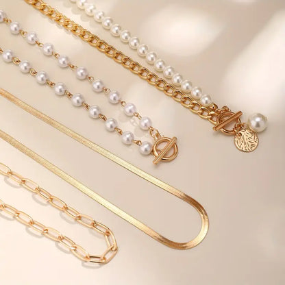 Vintage Parel & Gouden Slangen Schakelketting Set | Goud