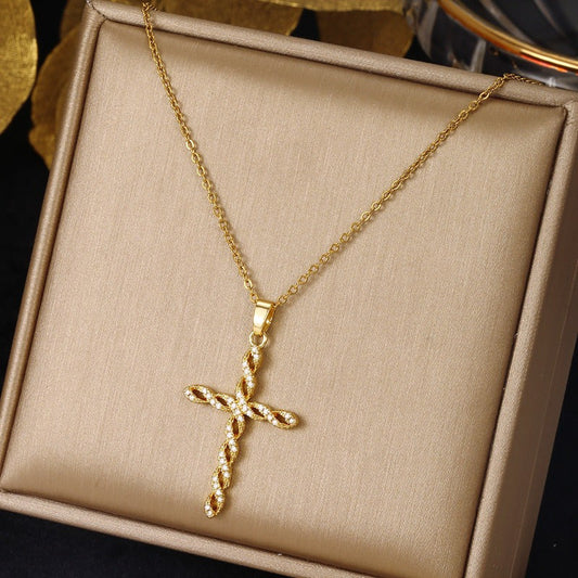 Kristallen Twist Kruis Ketting | Goud