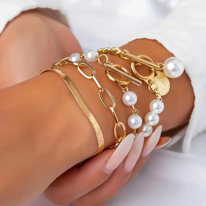 Chic Gouden 4-Piece Armband Set - Slangen, Parel & Schakels | Goud