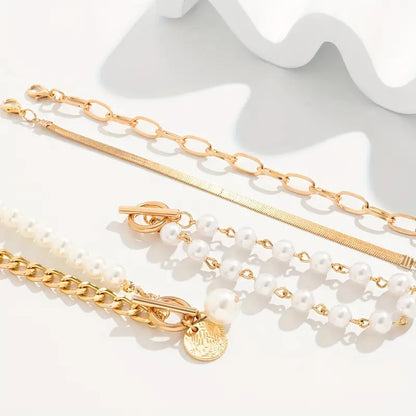 Chic Gouden 4-Piece Armband Set - Slangen, Parel & Schakels | Goud