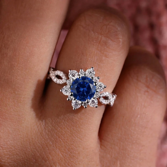 Kristallen Saffieren Bloem Ring | Witgoud