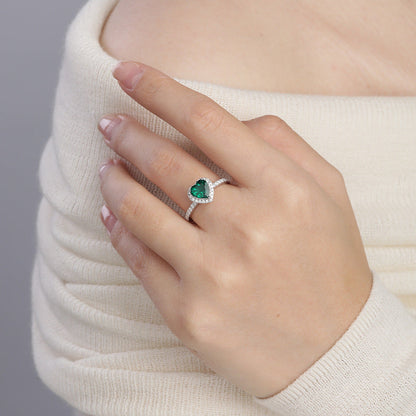 Zilveren Smaragden Hart Halo Ring
