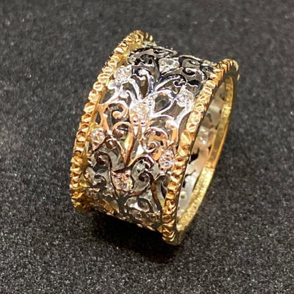 Zilveren en Gouden Ornate Band Ring