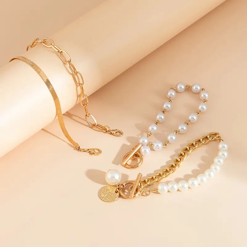 Chic Gouden 4-Piece Armband Set - Slangen, Parel & Schakels | Goud