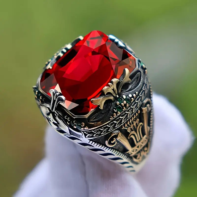 Zilveren Robijnen Ornate Signet Ring