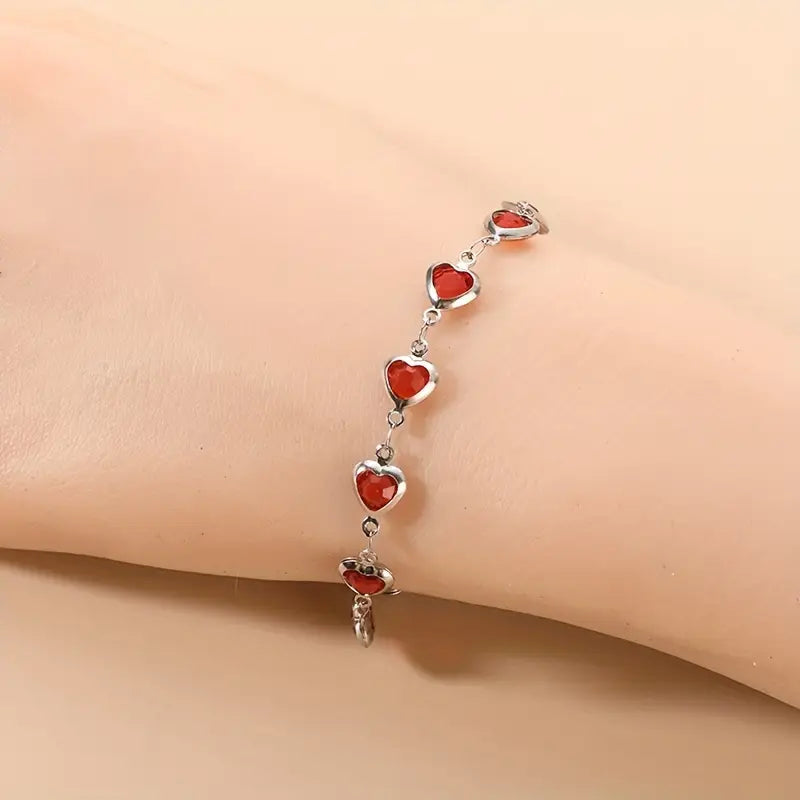 Zilveren Robijnen Hart Schakelarmband