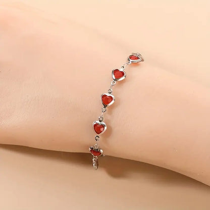 Zilveren Robijnen Hart Schakelarmband