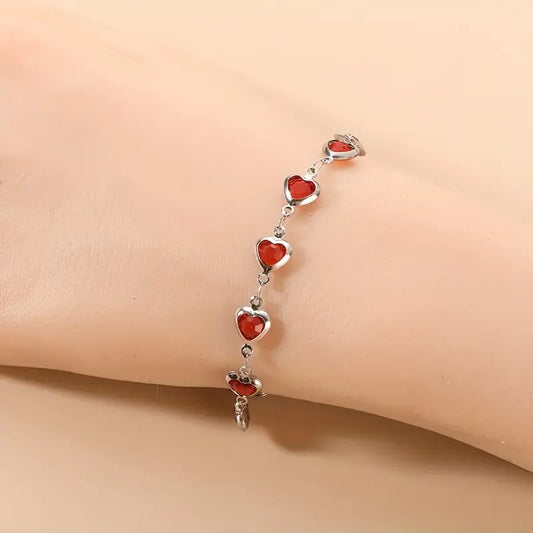 Zilveren Robijnen Hart Schakelarmband