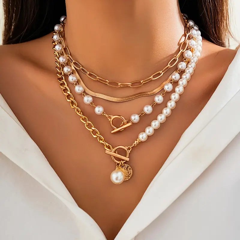 Vintage Parel & Gouden Slangen Schakelketting Set | Goud