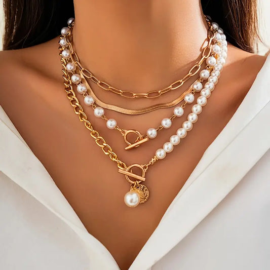 Vintage Parel & Gouden Slangen Schakelketting Set | Goud