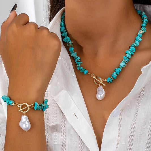 Turkoois & Parel Ketting Armband Set