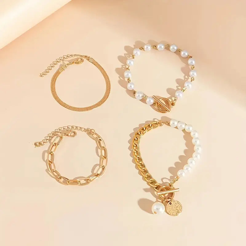 Chic Gouden 4-Piece Armband Set - Slangen, Parel & Schakels | Goud