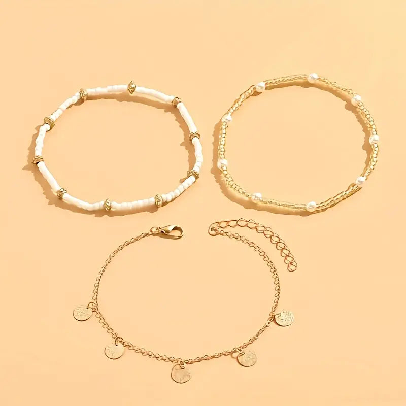Coastal Bedel 3-Piece Gelaagde Enkelbandje Set | Goud