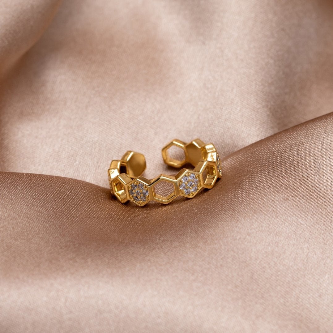 Gouden & Kristallen Honingraat Ring