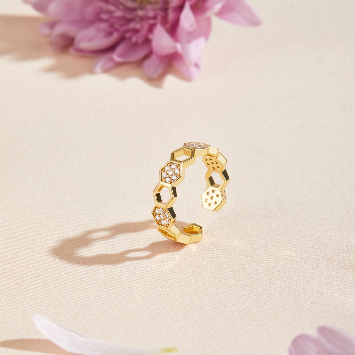 Gouden & Kristallen Honingraat Ring