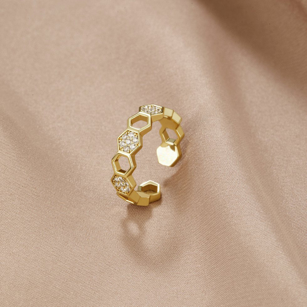 Gouden & Kristallen Honingraat Ring