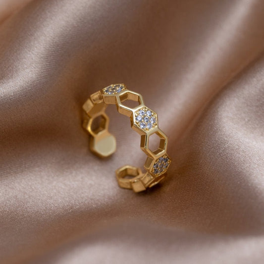 Gouden & Kristallen Honingraat Ring