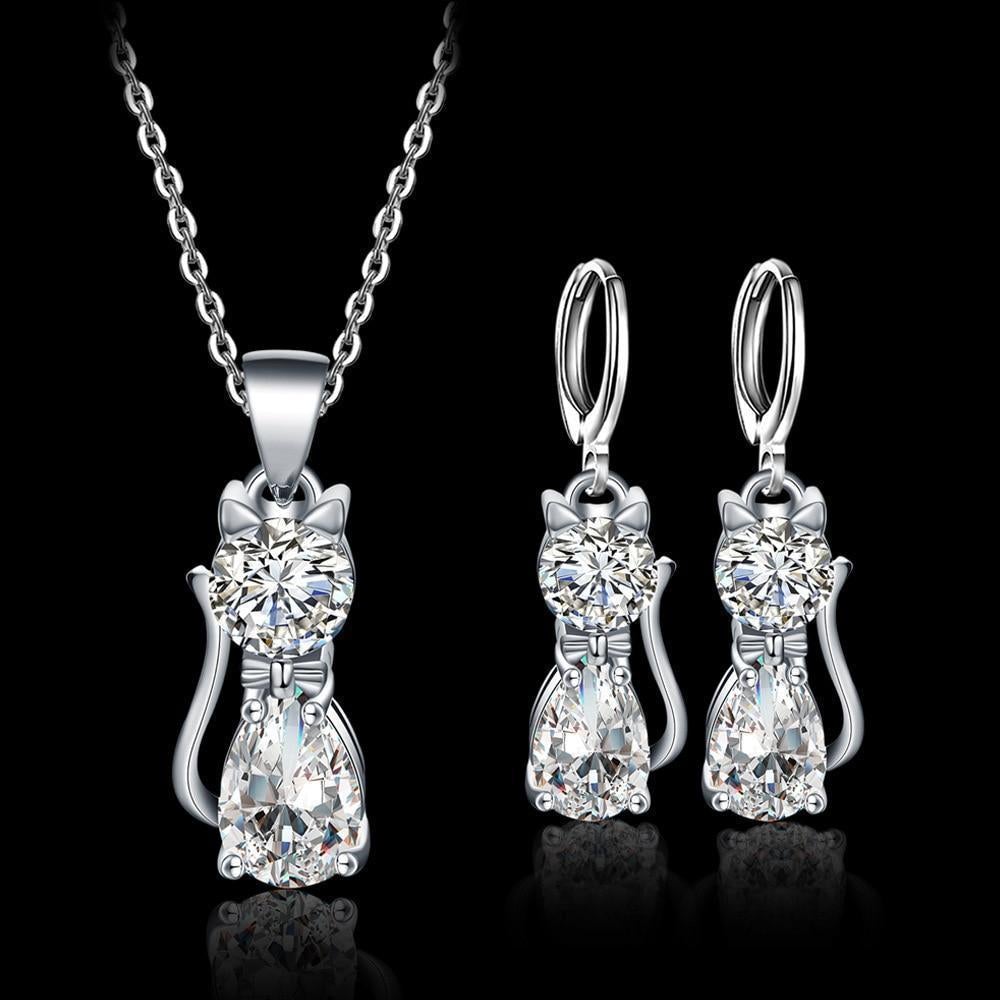 Set Ketting + Oorbellen Vrolijke Katjes in Sterling Zilver en Gepolijst Wit Zirkonium