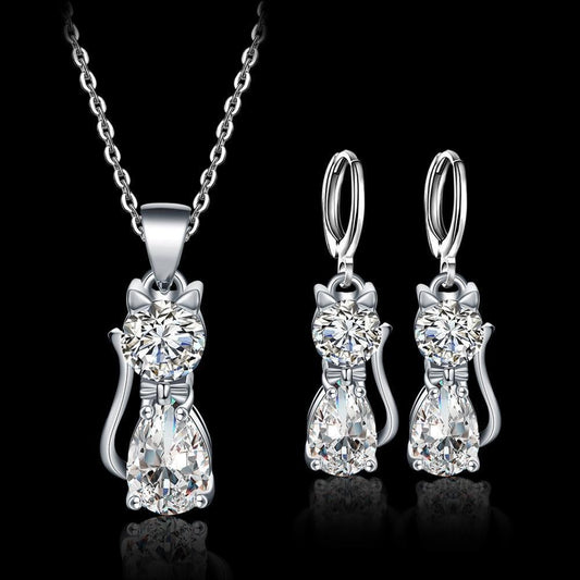 Set Ketting + Oorbellen Vrolijke Katjes in Sterling Zilver en Gepolijst Wit Zirkonium