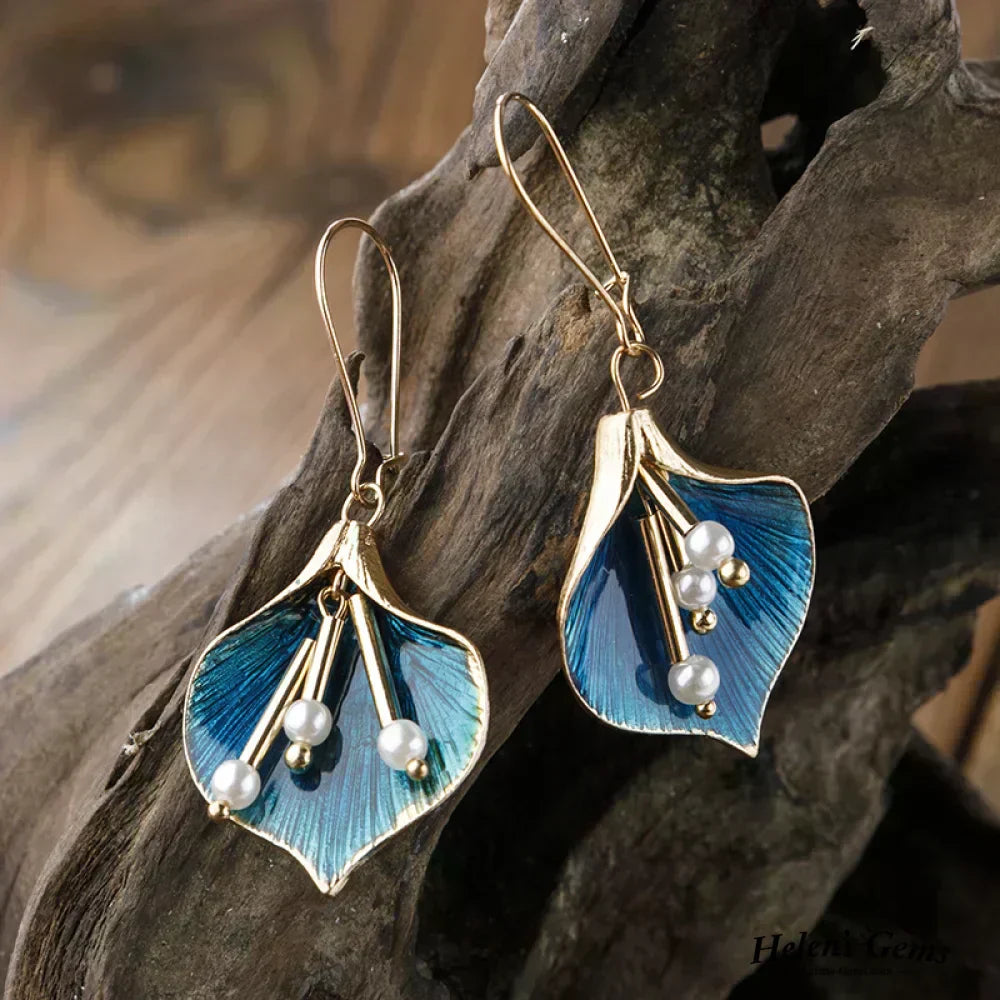 Vintage Blauwe Lotus Oorbellen